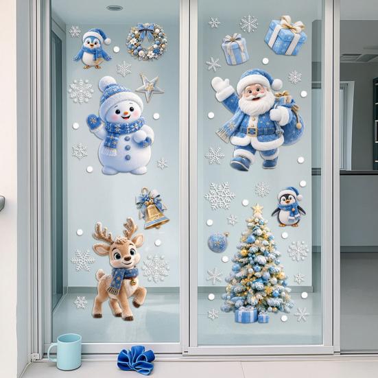 Transparent Holiday Glass Clings 4Pcs Christmas Static Window Clings, Blue Santa Snowman Reindeer Penguin Winter Wonderland Wall Decals Stickers,