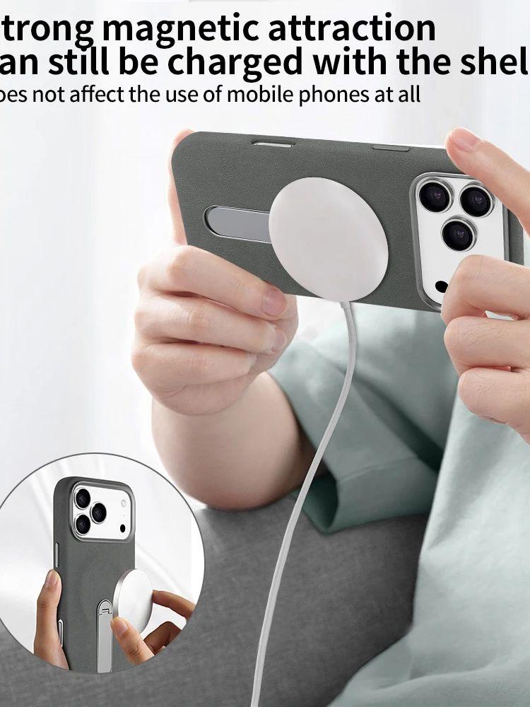 Suede PU Leather Magnetic Phone Case for iPhone 17 pro with 360° Rotatable Metal Holder Compatible with iPhone 17/16/15 Pro Max