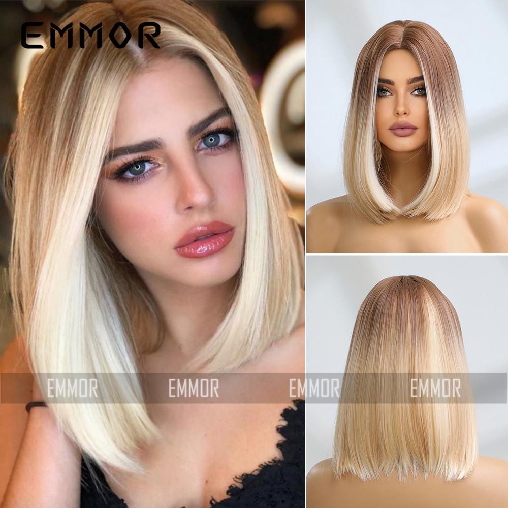 Gradient Platinum Highlight Shoulder-Length Straight Wig: European & American Style, Synthetic Fiber