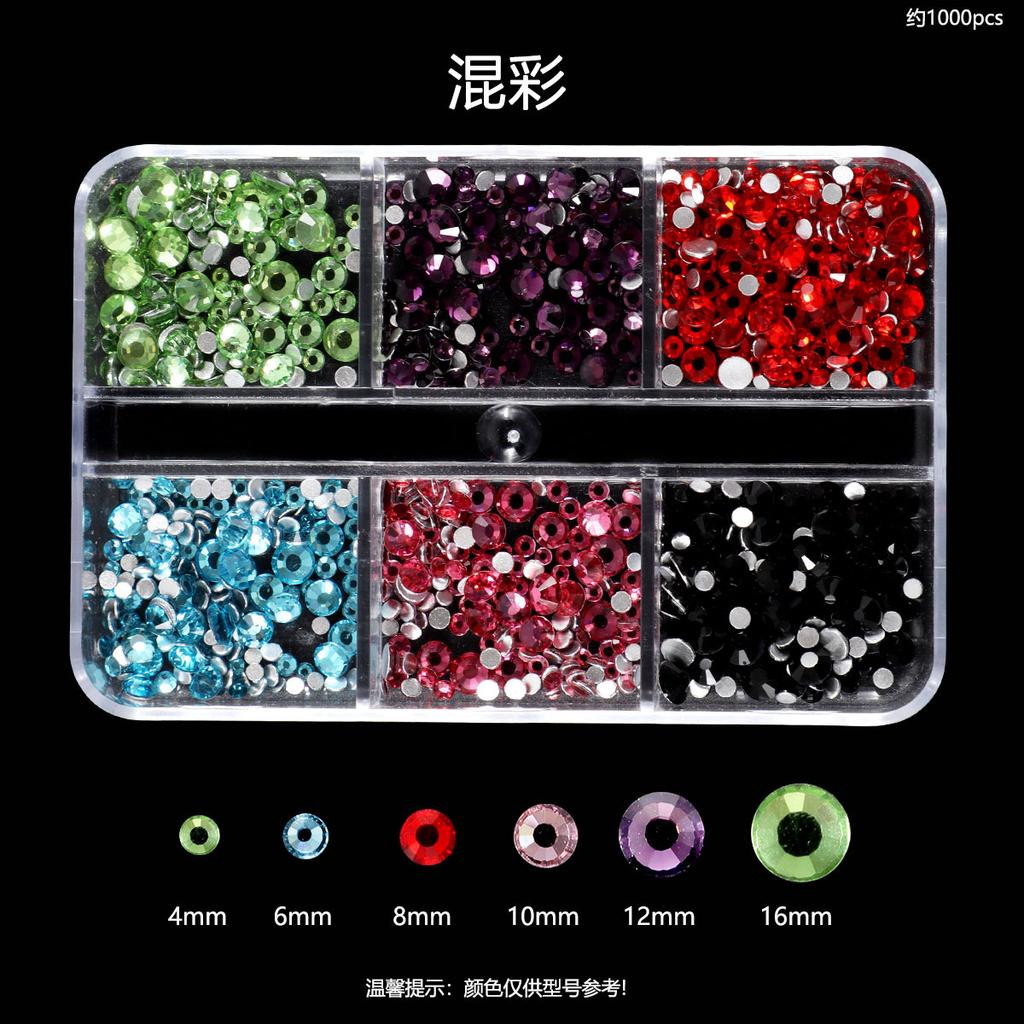 Nail Art Diamond 6 Grid Glass Flat Bottom Round Diamond Crystal Transparent Ab Mixed Color Large And Small Mixed Decoration