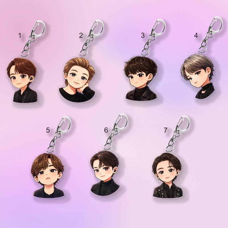 

7 шт. Крутой Черный Наряд BTS Аниме Мультфильм Акриловый Брелок, Мультяшная Фигурка Bangtan Boys Брелок, Подвеска на Сумку K-pop Идол для Фанатов ARMY 7pcs