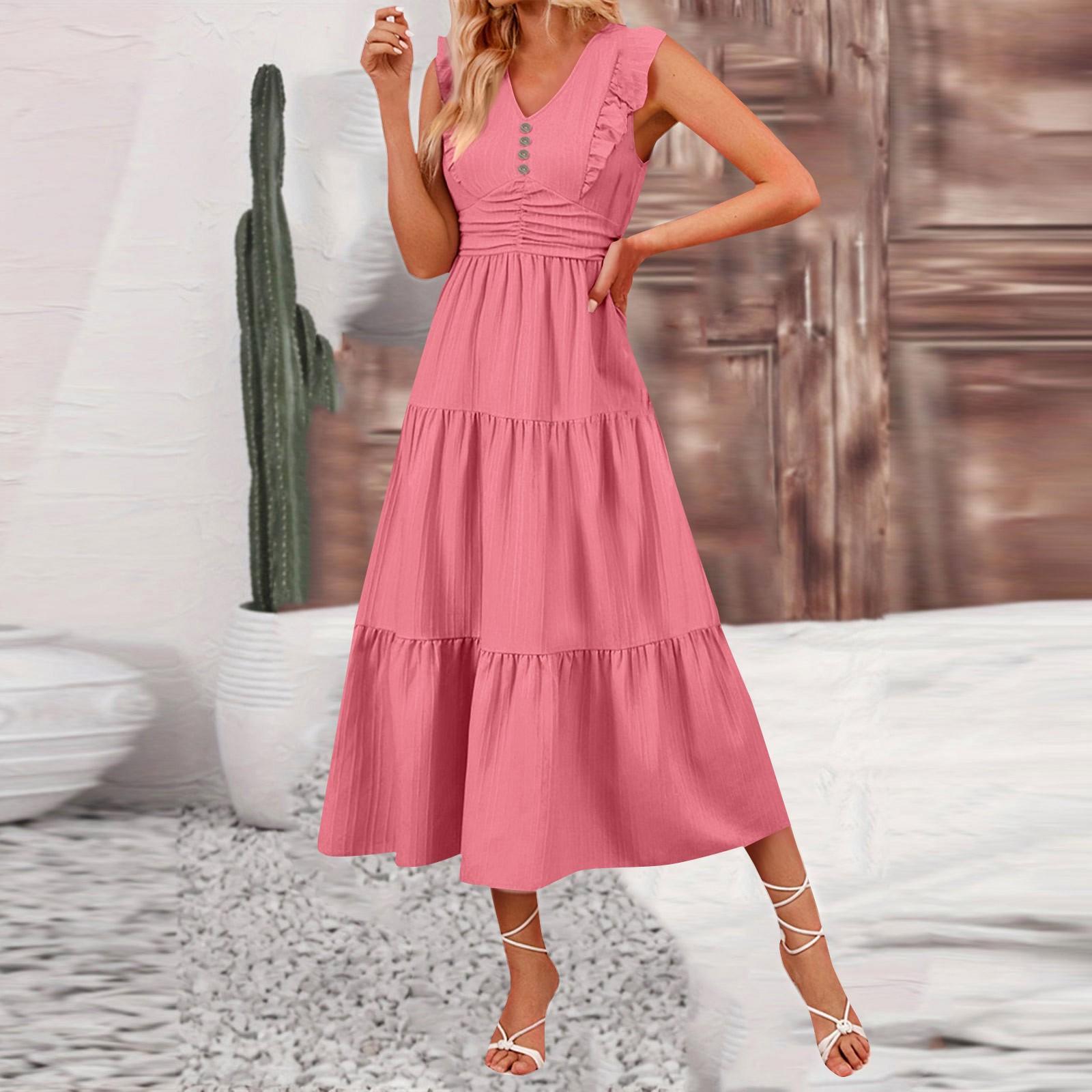 

Женская мода сплошной цвет без рукавов повседневные тонкие длинные платья XL розовый