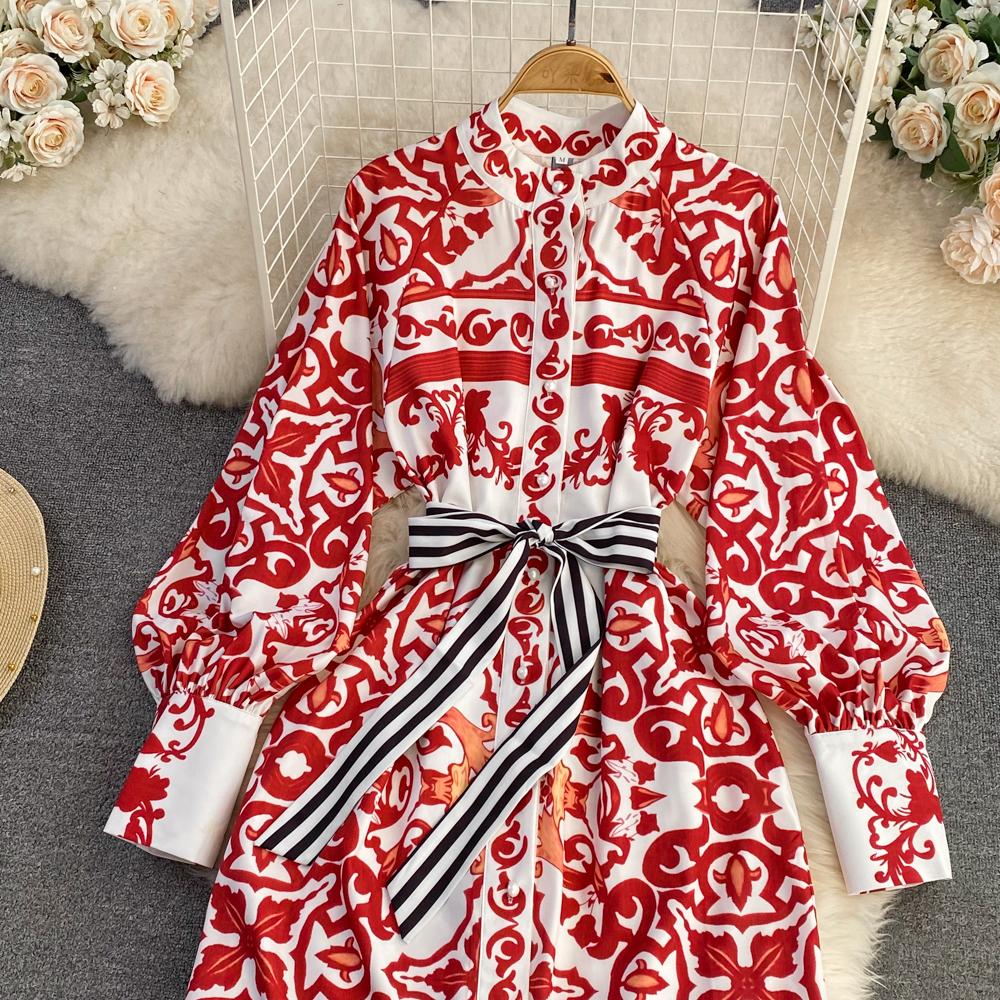 Podzimní móda Bohémský geometrický potisk květin Dlouhé společenské šaty maxi Dámské Popelín Stojánek Límec Lucerna Rukáv Šněrování Šaty na dovolenou