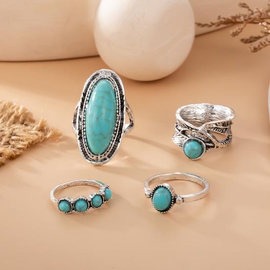 Yousheng 4Pcs/Set Women Finger Ring Set Bohemia Style Feather Irregular Faux Turquoise Decor Wide Finger Band Jewelry Gift