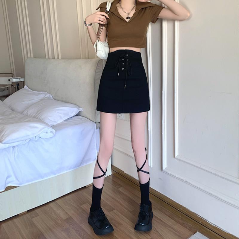 Women's Drawstring Bodycon Skirts Summer High Waist Slim Fit Vintage Black Bottoms Streetwear Y2K Clothing