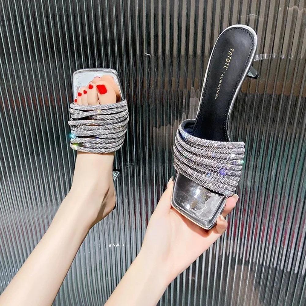 Women's High Heel Slippers Modern Slim High Heel Women's Shoes On Sale Summer 2024 New Sexy Crystal Design Women's Slippers