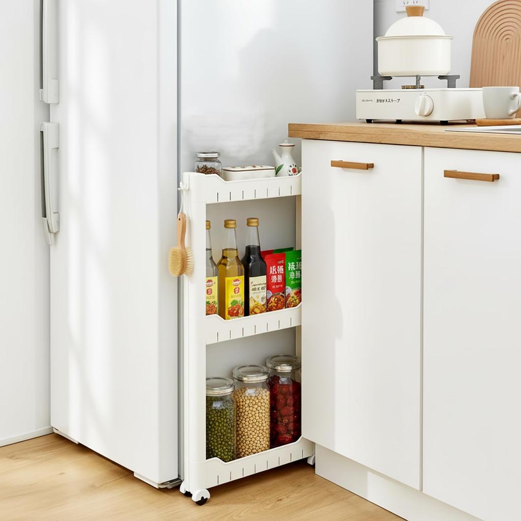 Aissiora Narrow Storage Wagon, 3-Tier, 7cm Ultra-Thin Design, Slim Rack, Adjustable Shelves, Bottle Rack, 360° Silent Casters, Sturdy, Lightweight, Ea