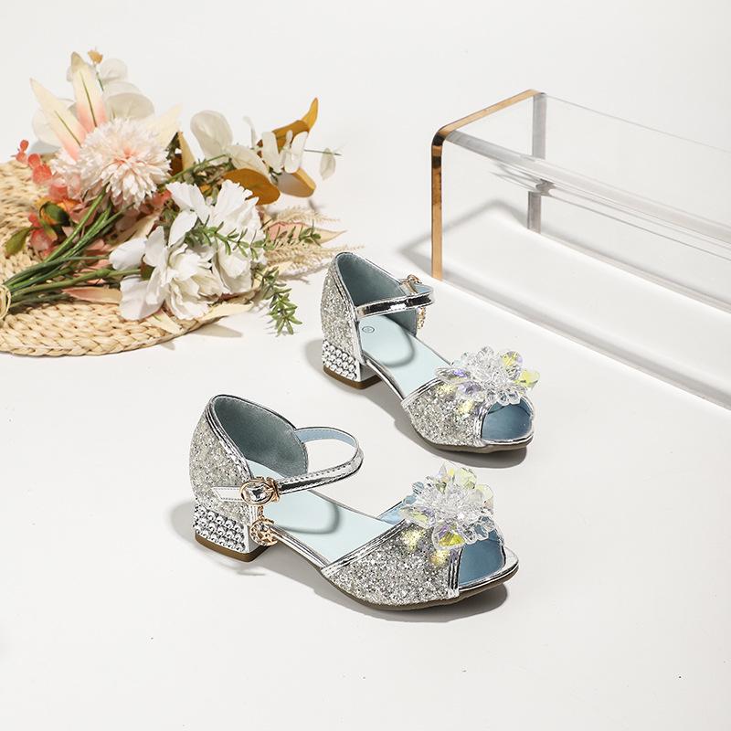 Girls' Crystal High-Heeled Sandals - Elsa Princess Style for Summer 2024