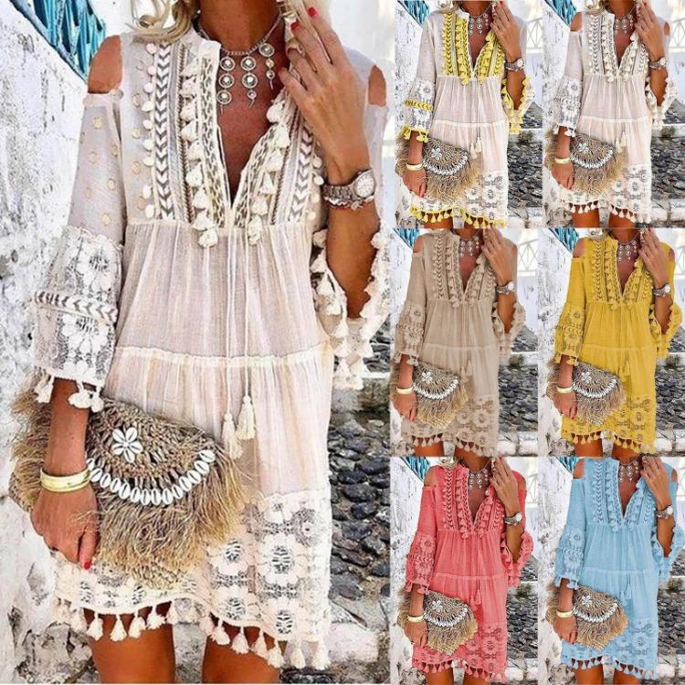 Boho Lace Mini Dress Women Fashion V Neck Three Quarter Sleeve Tassel Dress