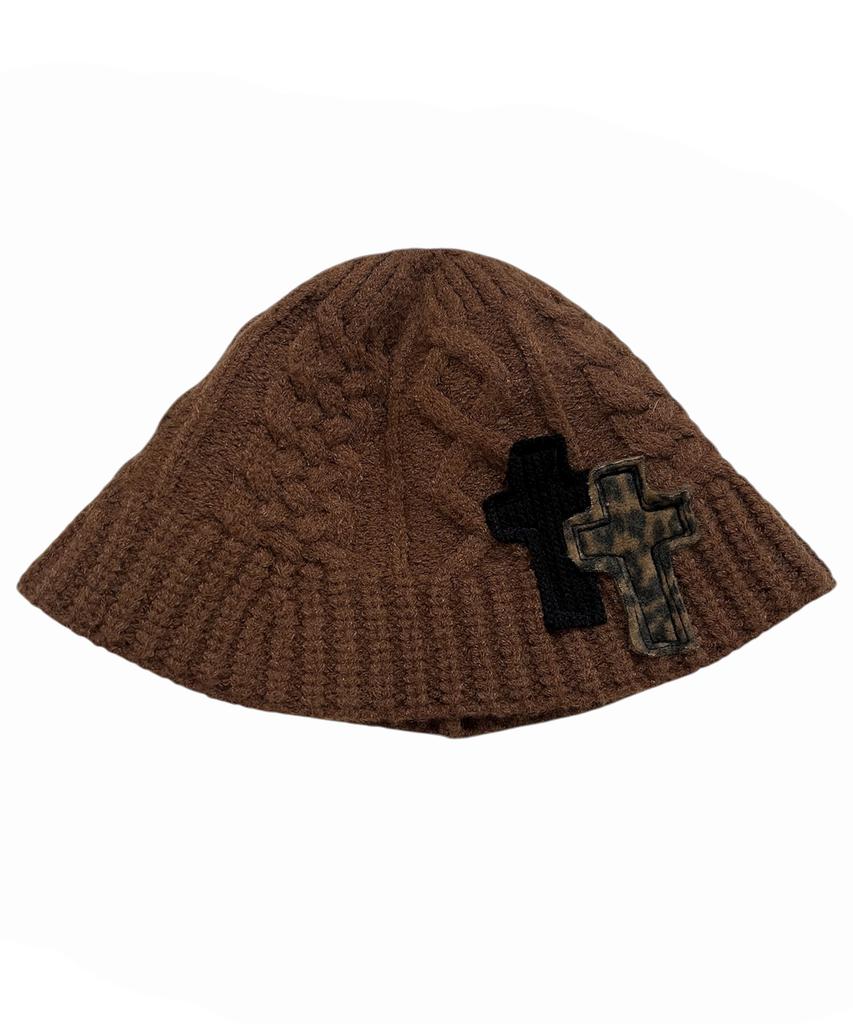 SK8ER ROCK Cable Knit Cross Bucket Hat ((Brown))