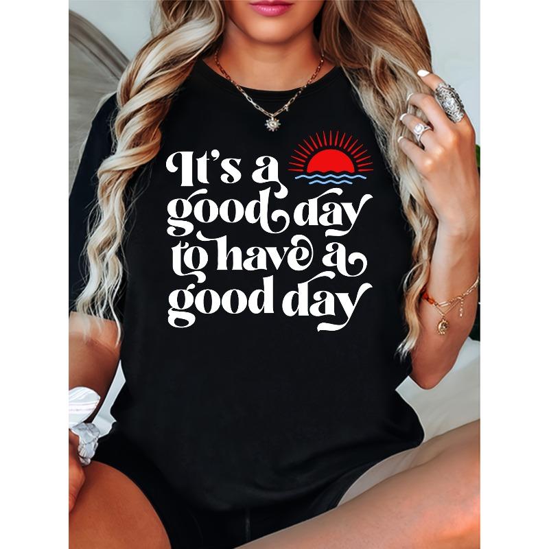 European Size Sun & Slogan Print Comfy T-Shirt, Round Neck Short Sleeve Sports Tee, Women's Activewear