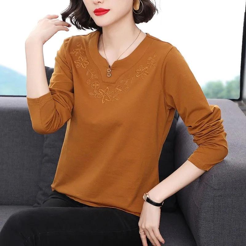 

Женская футболка с длинным рукавом из чистого хлопка, свободного кроя, новая универсальная модная вышитая базовая футболка на осень и зиму 2025 года L хаки