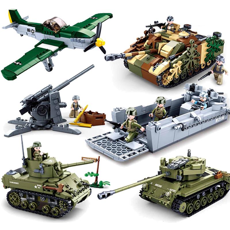 SLUBAN Militär 1939-1945 Landung in der Normandie Panzer Flugzeuge Jeep Boot Modellbausteine Soldaten-Sets Puppen Bausteine Kinderspielzeug Geschenk