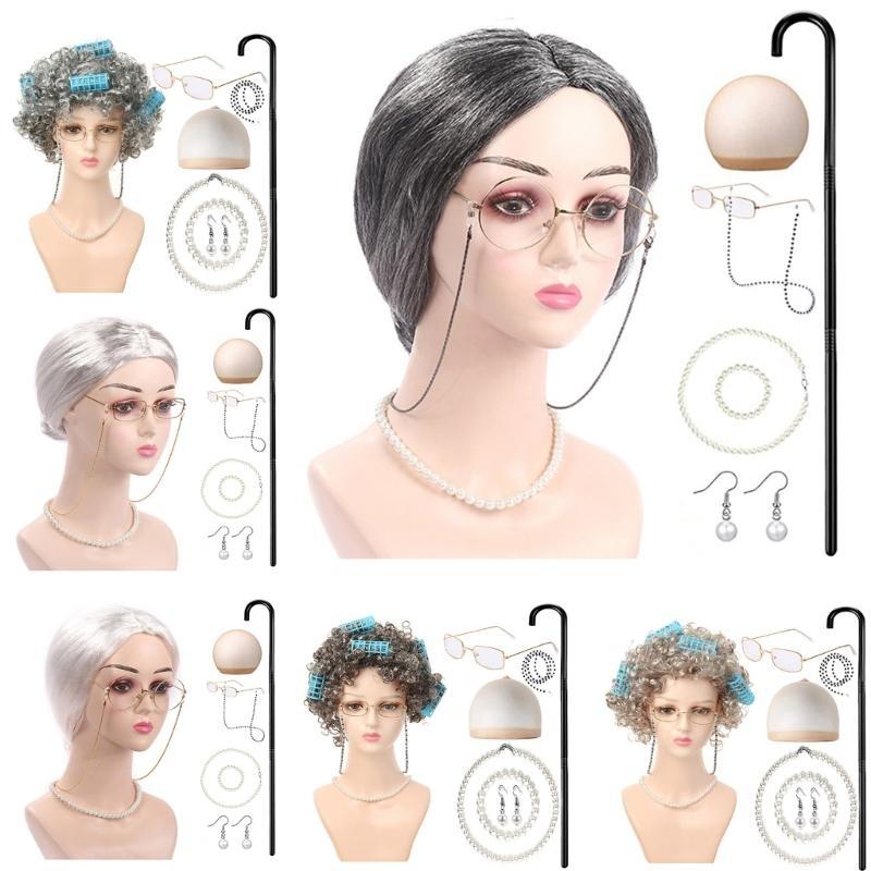 Halloween Grandma Costume Set Old Lady and Granny Glasses Props for Kid Girl F0S4