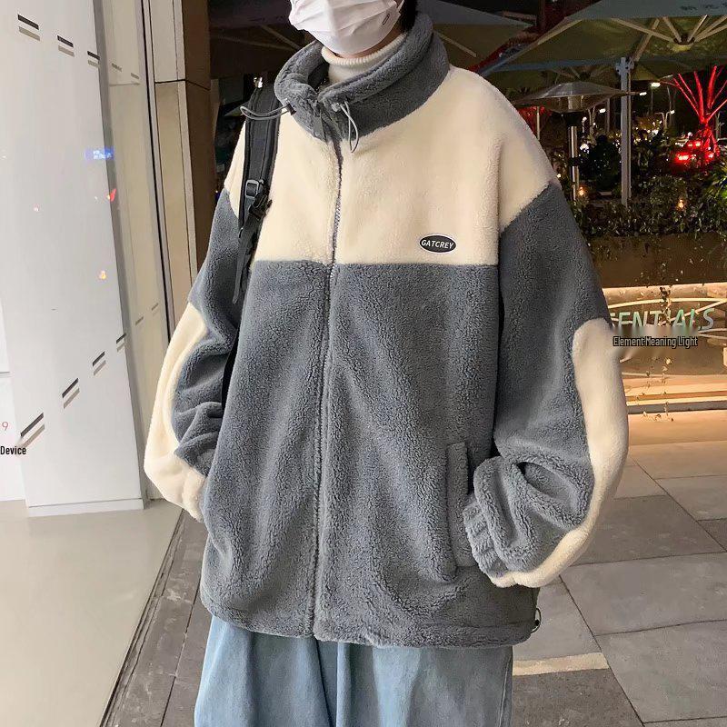 Herren Kontrastfarbene Lammwolle Winterjacke - Dick, Warm, Locker geschnittener Lässiger Baumwollmantel