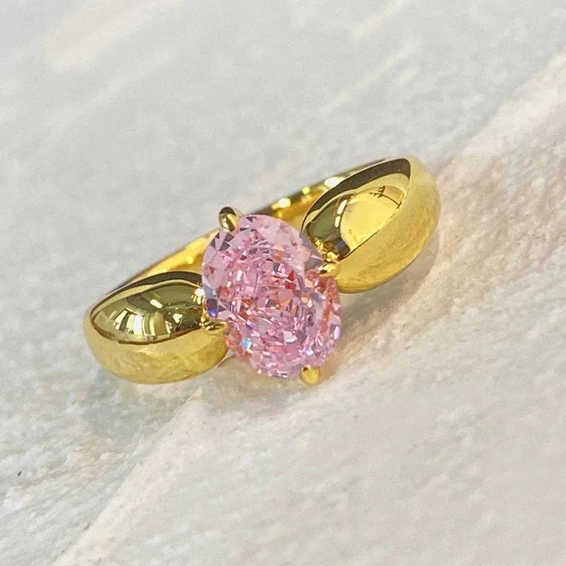 

Huitan Sweet Oval Pink CZ Rings for Women Luxury Gold Color Engagement Accessories Temperament Female Rings Statement Jewelry 7