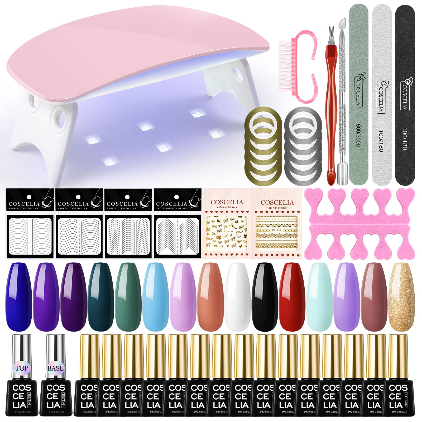 

COSCELIA 15 шт. маникюрный набор с гель-лаком для ногтей, красочный гель-лак с блестками и базовое верхнее покрытие с УФ-светодиодной лампой, наклейки для дизайна ногтей, дизайн инструментов для маникюра