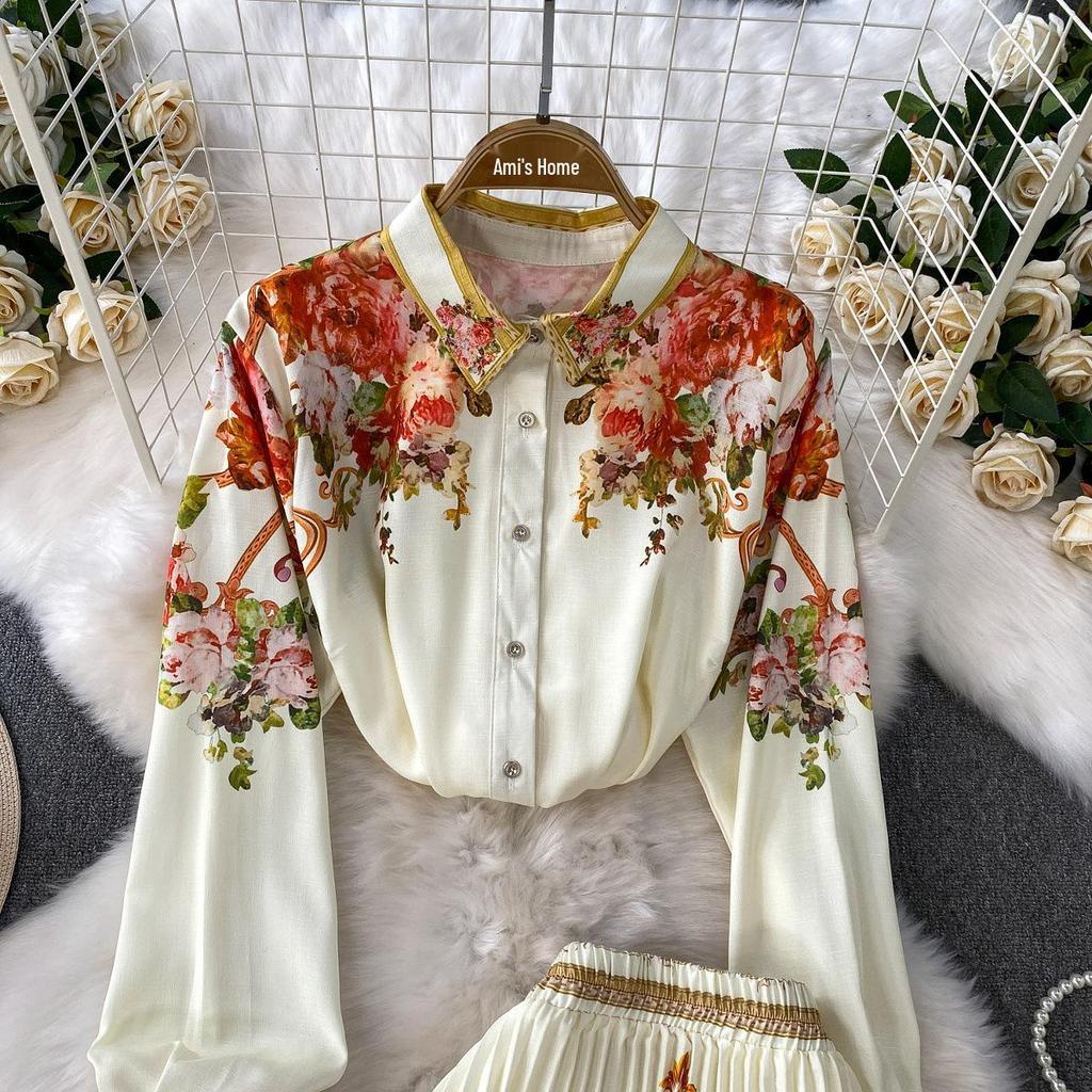 European Retro Single-Breasted Lapel Shirt & High-Waisted Pleated Skirt Set