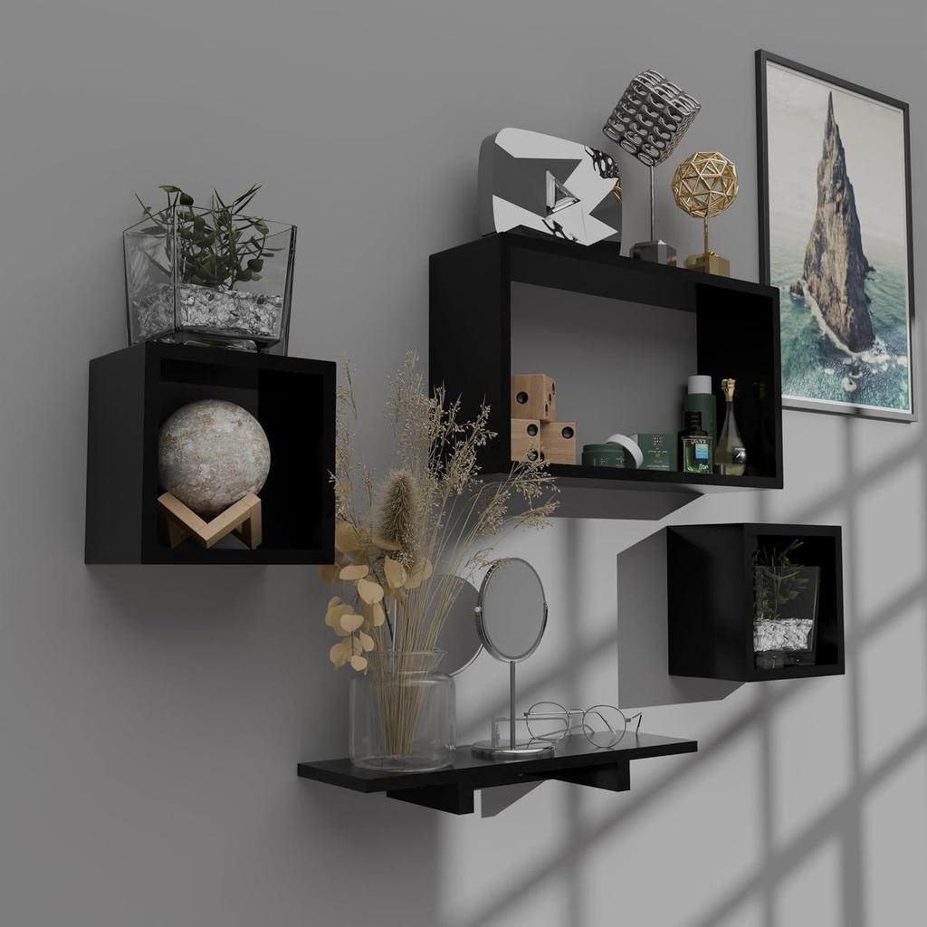 Wooden Floating Wall Shelf with 4 Shelves - MDF Wall Mounted Shelf for Living Room, - Display Rack for Books, Kitchen Wall Storage Unit (Black)