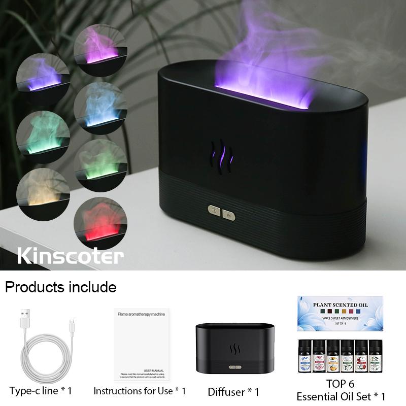 Flame Aroma Diffuser Plant Organic Essential Oil Set Flame Air Humidifier 180ml With 9-12 Hours Aromatherapy