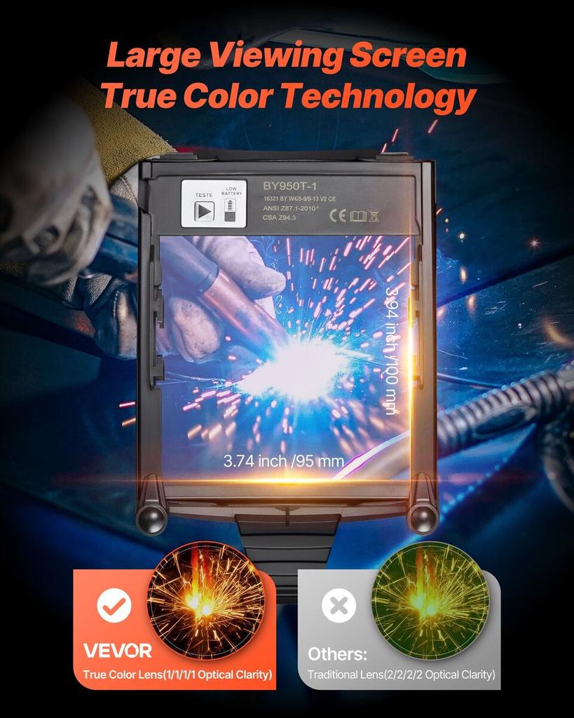 Welding Helmet Auto Darkening, 100 X 95 Mm True Color Welding Hood, 1/1/1/1 Solar-Powered Welder Mask 4 Arc Sensors, Wide Shade 4/5-9/9-13 for TIG MIG