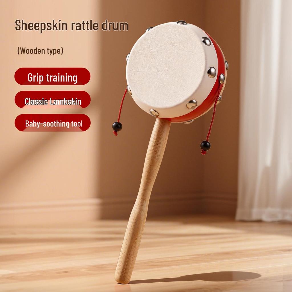 Chewable Wooden Sheepskin Drum Rattle for Newborns, Traditional Handheld Bell Toy for 1-Year-Olds