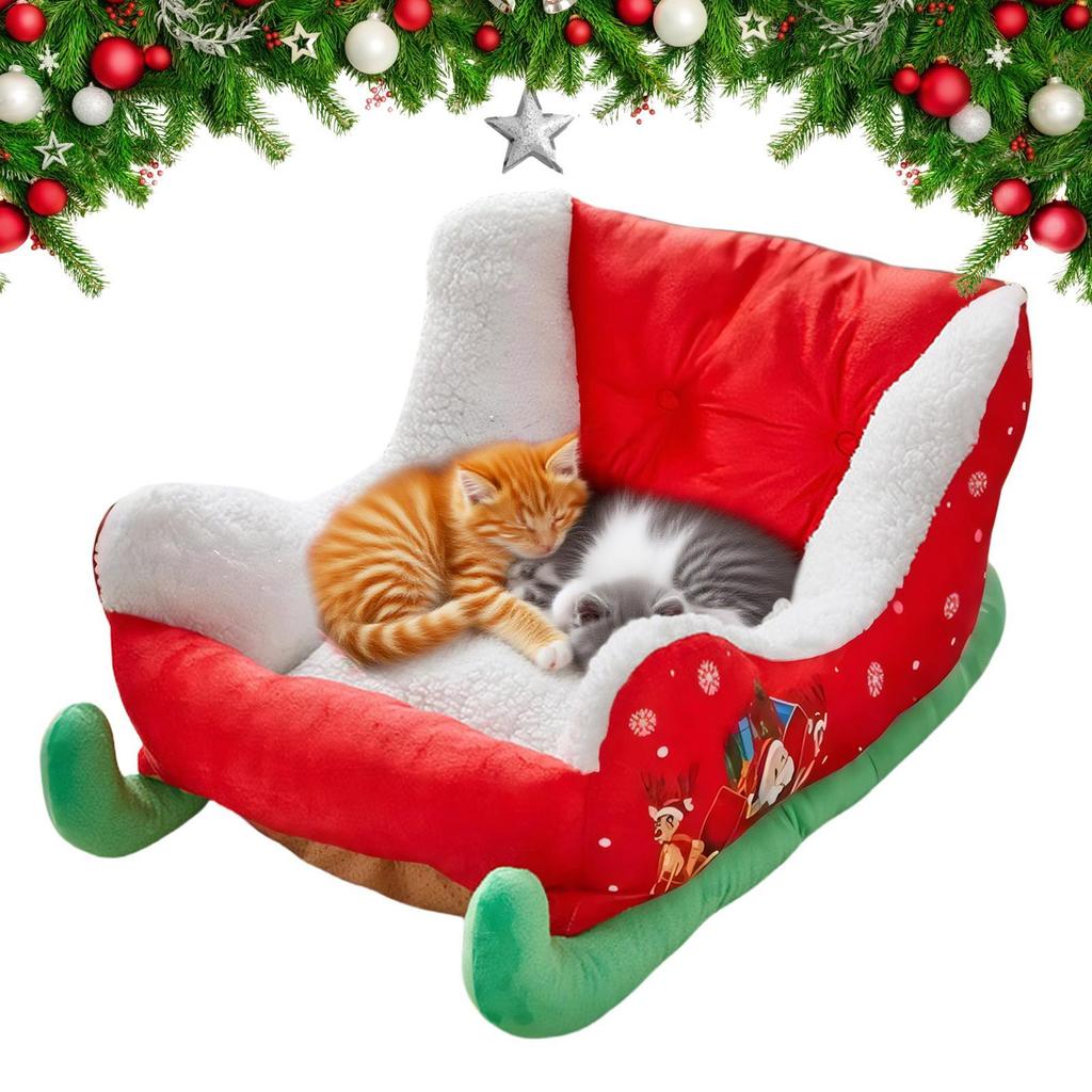 Christmas Sleigh Pet Bed Plush Cozy Washable Dog Cat Bed Holiday Themed Pet Nest for Puppy Kitten Winter Christmas Decoration