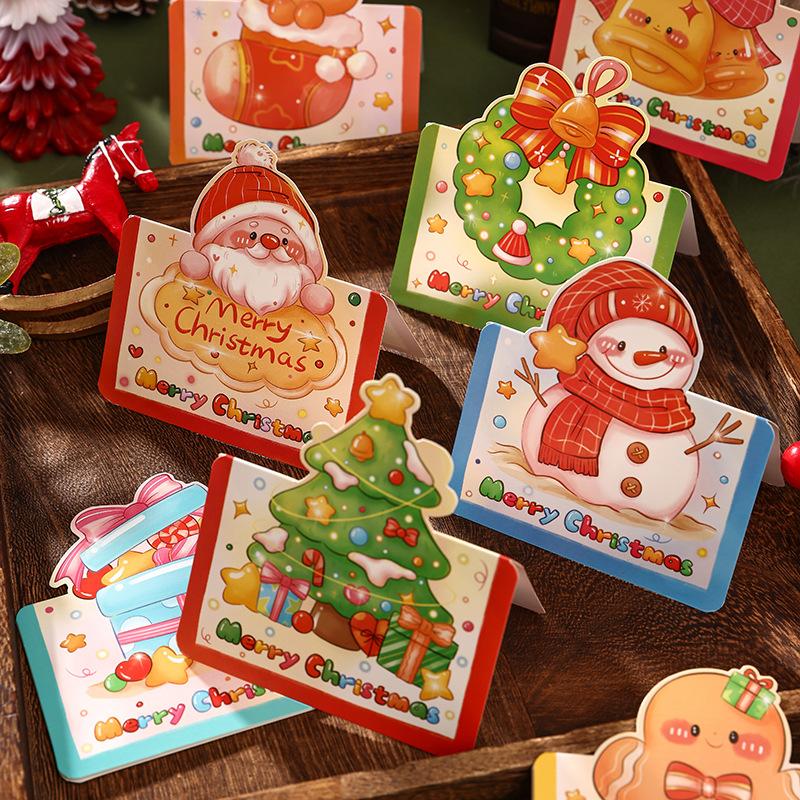 30Pcs Retro Cartoon Christmas Cards 3D Stereo Greeting Cards Handwritten Xmas Eve Cards Holiday Decor Cards Festival Gifts