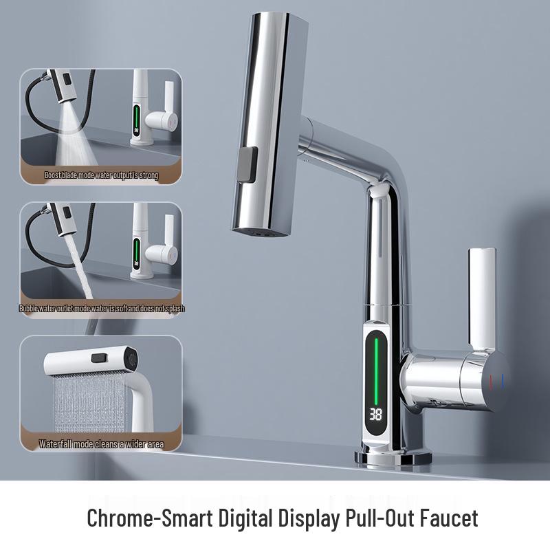 Premium White Digital Display Rain Shower Basin Faucet with Pull-out Rotating Waterfall Feature