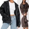Women Spring and Autumn  PU Leather Jacket Loose Zipper Long Sleeve Jacket Coat Solid Color Fashion Motorcycle Jacket