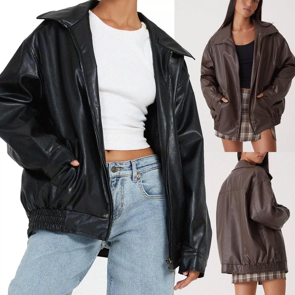 Women Spring and Autumn  PU Leather Jacket Loose Zipper Long Sleeve Jacket Coat Solid Color Fashion Motorcycle Jacket