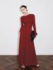 Damen Geraffte Taille Plissiertes Maxikleid Langarm Rundhalsausschnitt Elegantes Kleid