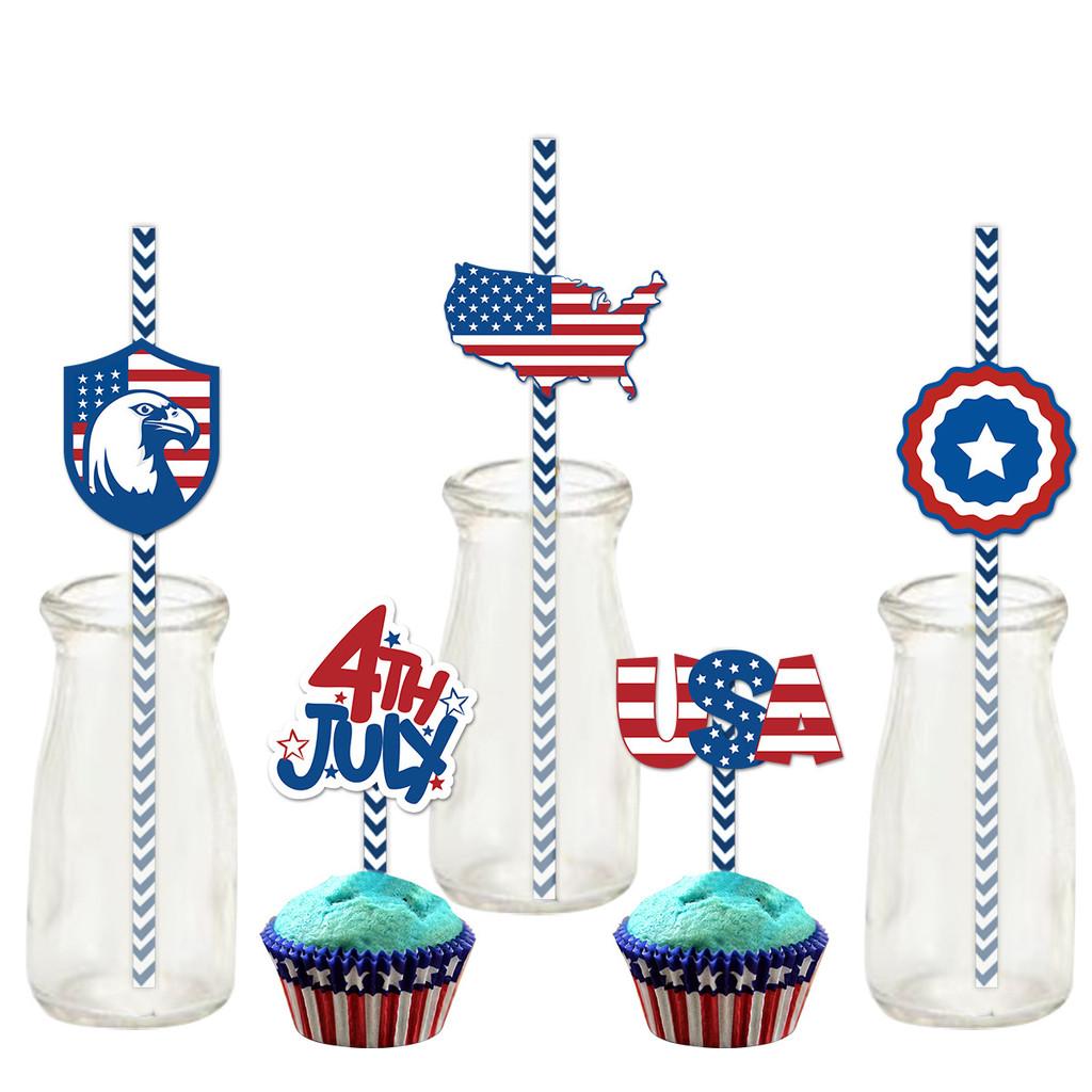 American Day Independence Paper Straws With Stars Flags For Party Decorations