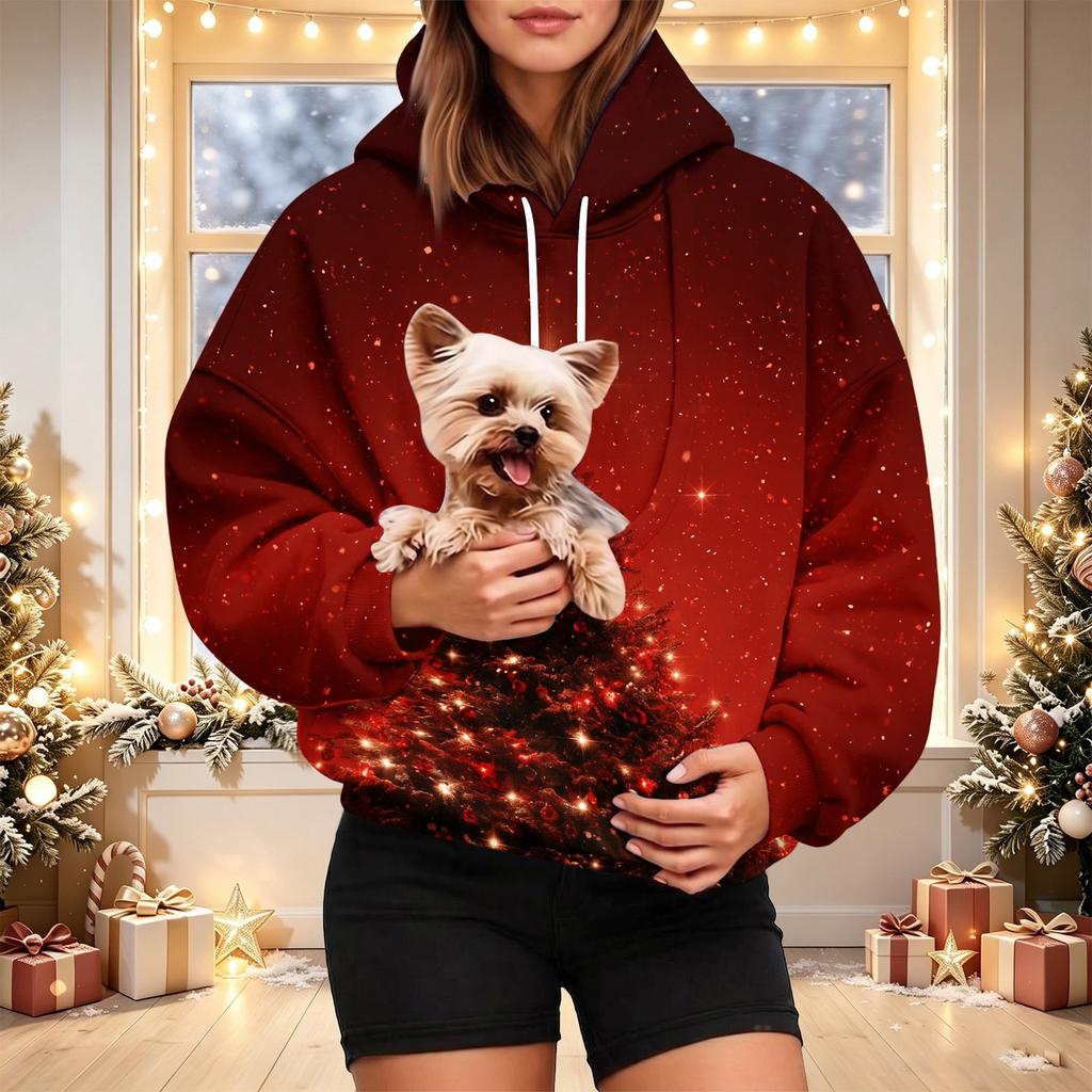 Women's Fashion Christmas Print Hoodie with Pet Pocket, Casual Pullover for Holiday Wear