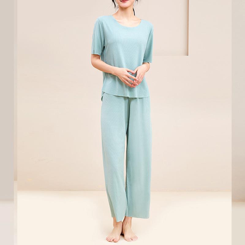 Modele dla par Dwuczęściowa wiosenno-letnia wygodna piżama z lodowego jedwabiu bez śladów, luźna odzież domowa z krótkim rękawem