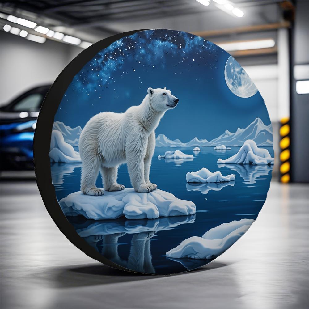 Polar Bear Moonlit Night Tire Cover Durable Polyester Spare Wheel Cover Camping Trailer Guard