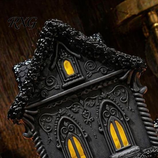 Gothic Cabinet Ornament Lighted Halloween Village House Statue with LED Light, Spooky Bookshelf Display Piece Black Figurine for Tabletop Holiday Home