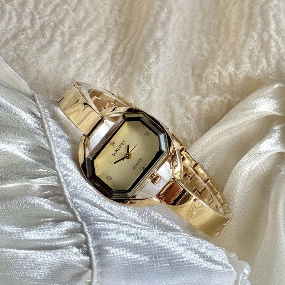 Minimalist Octagonal Rhinestone Dial Ladies Quartz Watch Thin Metal Bangle Elegant Daily Wrist Watch