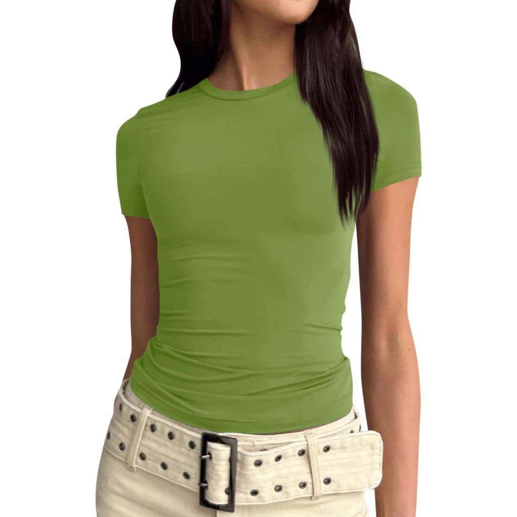 נשים שרוול קצר סוילד סקסי חמוד טי Slim Fit Tight Crop-Top חולצה