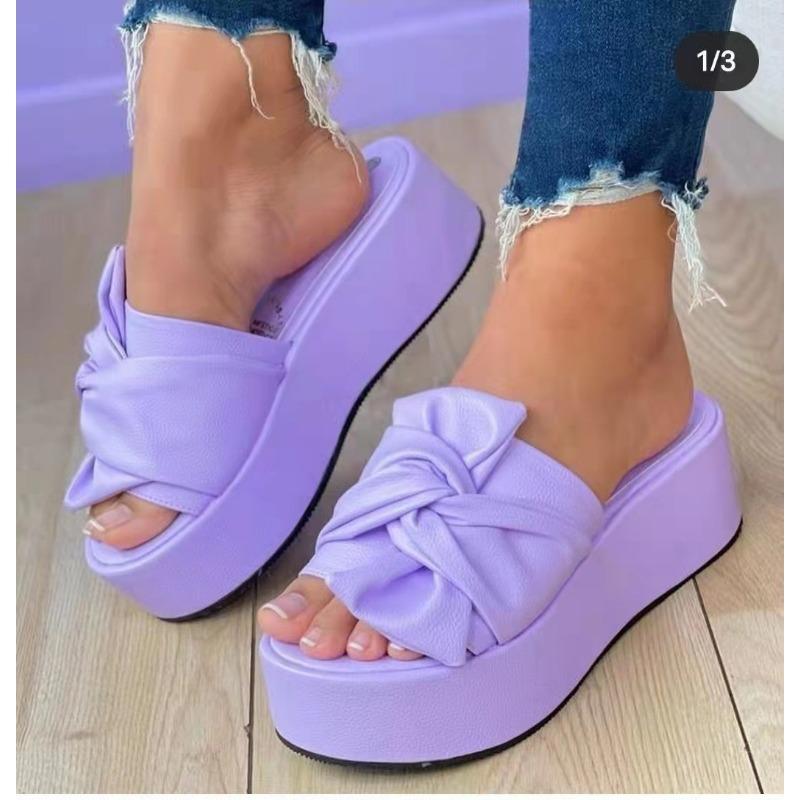 Large size new thick-bottomed bow one-word slippers women's solid color open-toed beach cool slippers