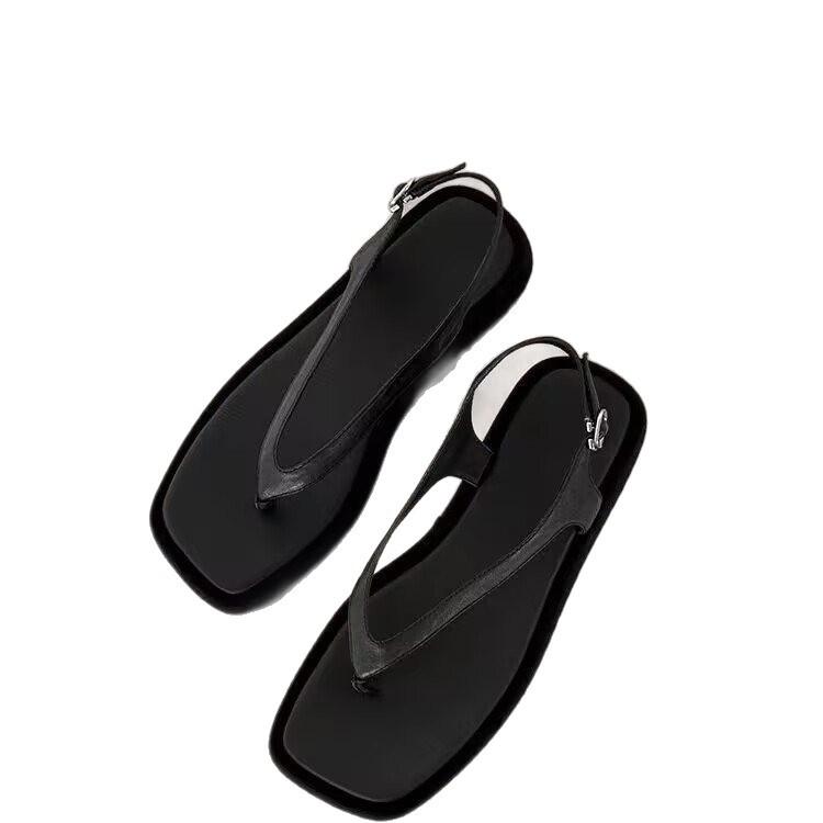 2025 sponge cake bottom spring new women's shoes black waterproof table thick-soled flat-soled sandals square head herringbone toe slippers