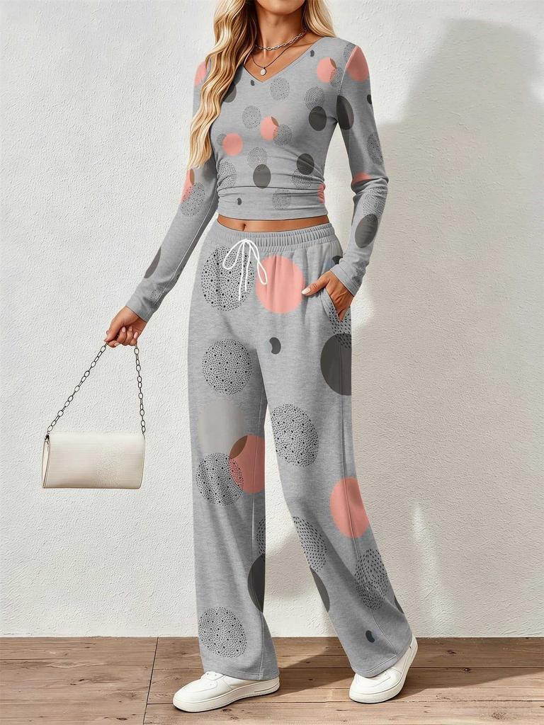 Spring and Autumn digital print women's V-neck long sleeve pants set, comfortable, casual, versatile, slim fit two-piece set