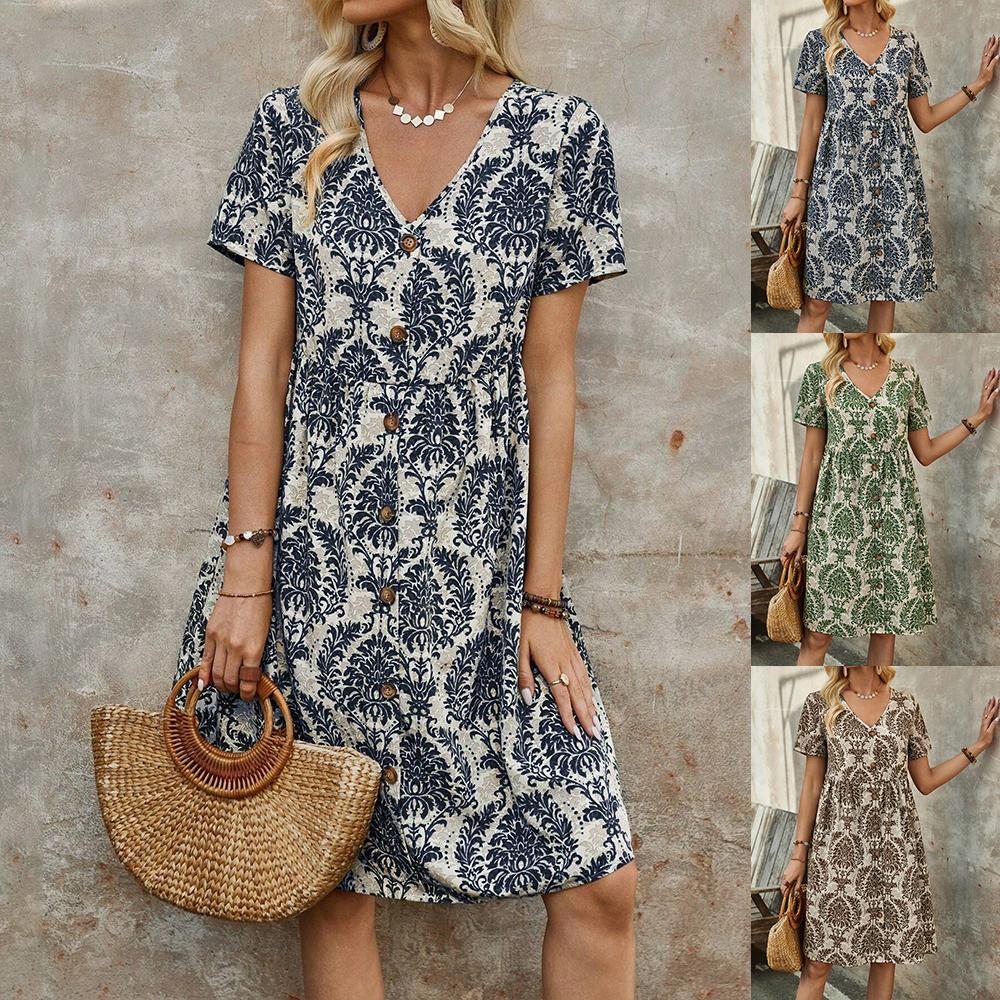 

Женский пляжный сарафан в стиле бохо для летних каникул, женское мини-платье на пуговицах с V-образным вырезом