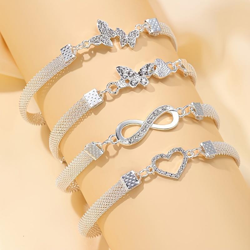 4-Piece  Chic Silver Anklets Set with Butterfly & Heart Charms, Bohemian Style Fashion Jewelry for Holidays and Parties
