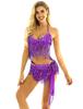 Women Shiny Sequins Tassels Carnival Rave Performance Belly Dance Costume Halter Bra Tops with Hip Scarf Wrap Skirt Set