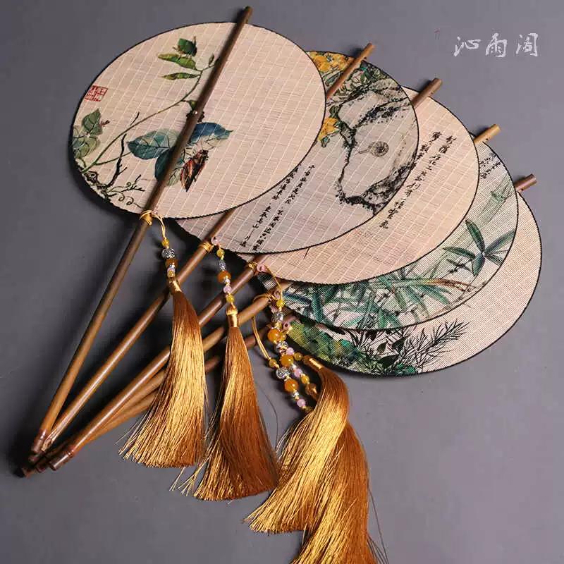 Handmade Waist Fan Antique Fan Han Chinese Clothing Cheongsam Rolling Long Handle Circular Fan Chinese Wind Long Tassel Double-Sided Old Bamboo