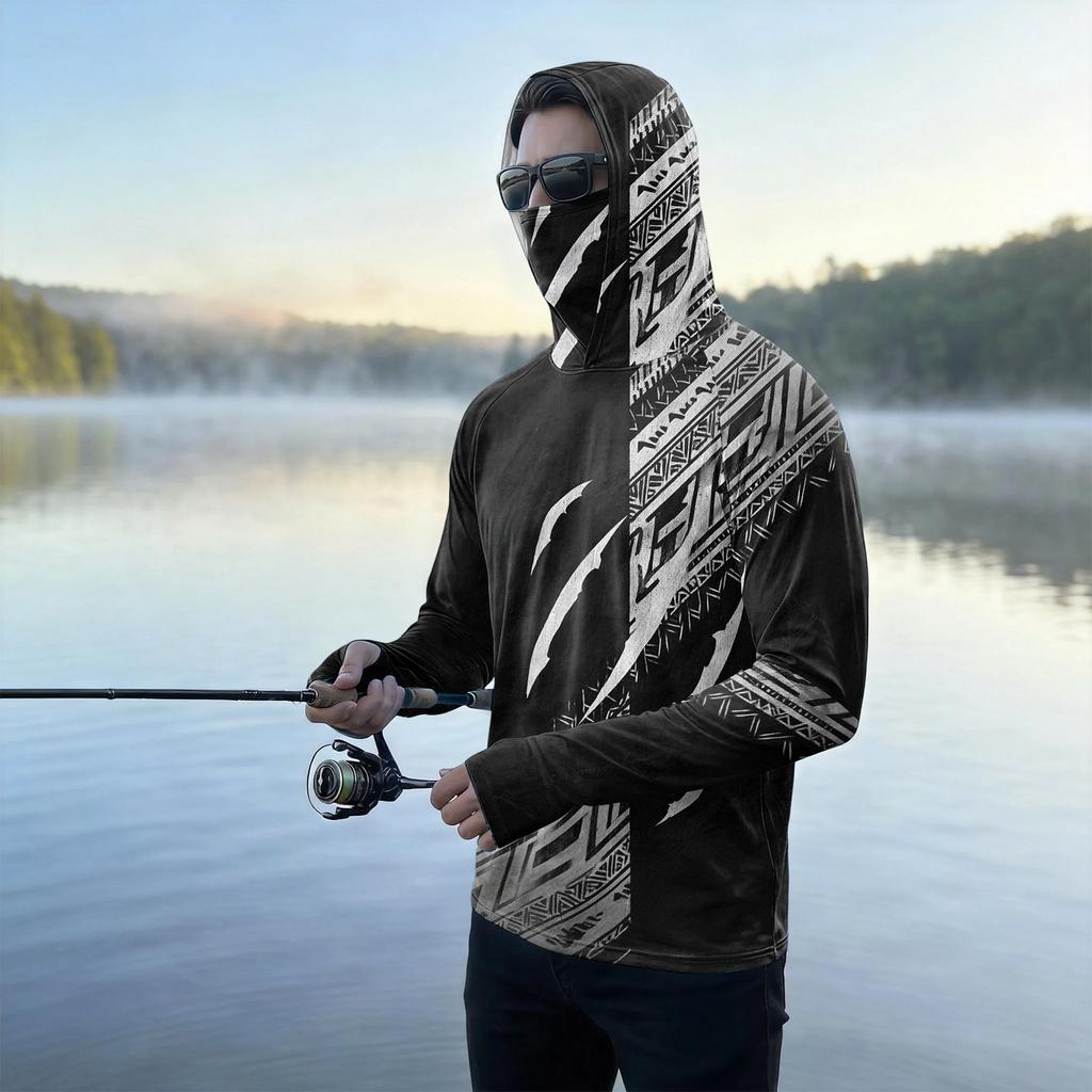 Men's Casual Outdoor Hoodie Long Sleeve Sun Protection Top Lightweight Breathable Striped Printed Hooded Shirt for Sports Hiking Fishing