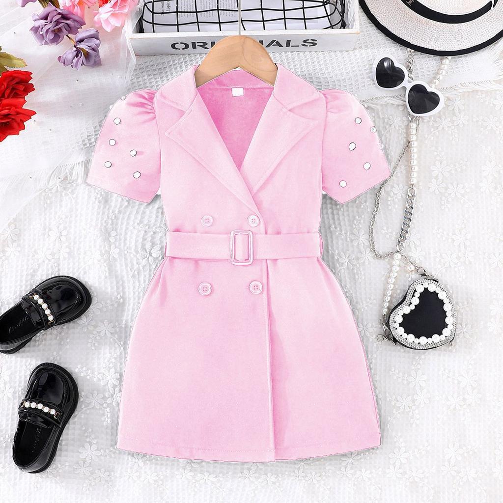 Neues Sommer-Neues Mädchen Einfarbiges Kurzarm-Freizeitkleid + Gürtel Zweiteiliges Set