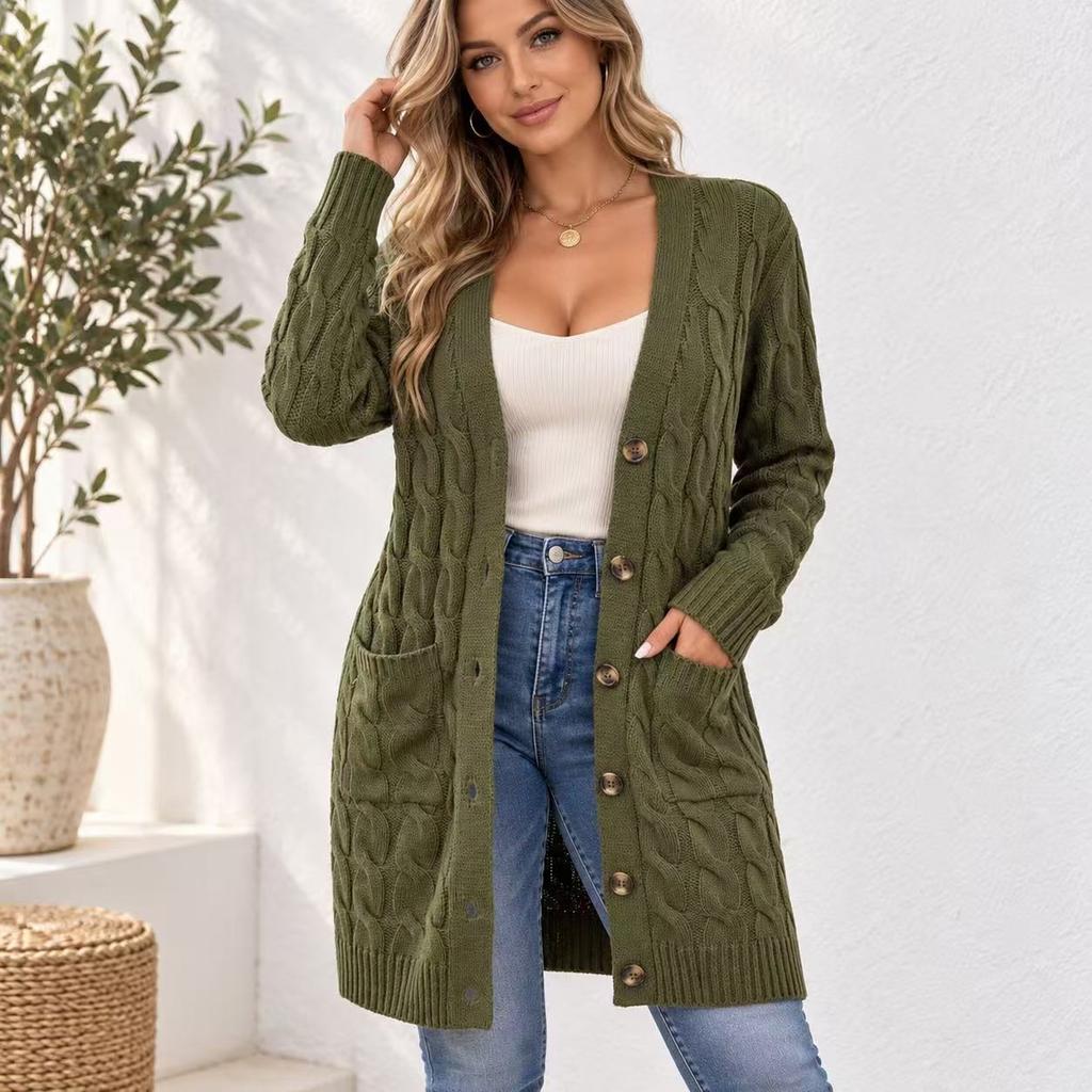 Cardigan lavorato a trecce da donna con scollo a V, chiusura a bottoni, maniche lunghe, lunghezza media con tasche