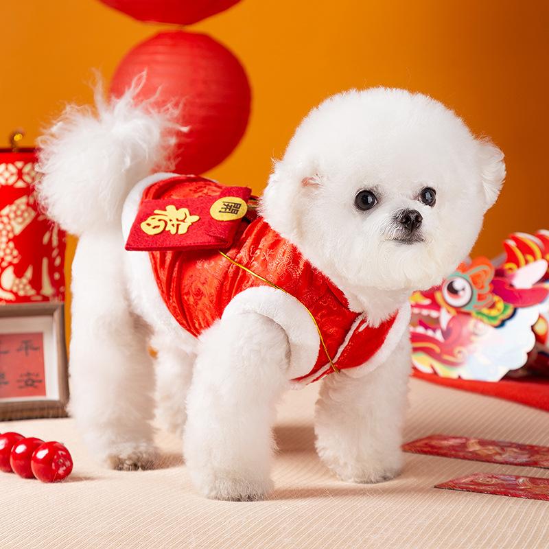 Ubranka dla szczeniaka na Chiński Nowy Rok jesienno-zimowe ciepłe ubranko dla psa średniego i małego kota, pozdrowienia noworoczne dla zwierzaka, noworoczny strój Tang